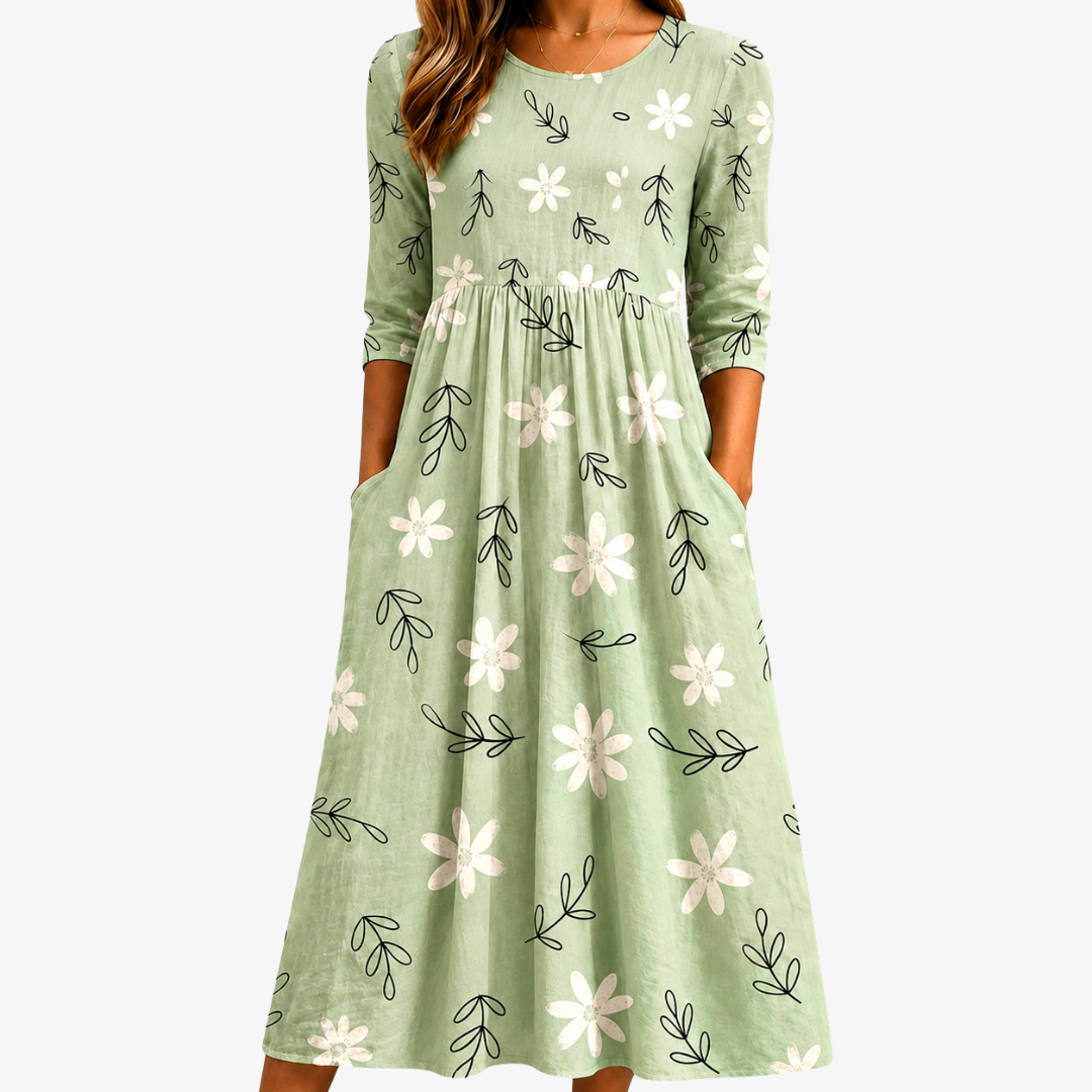 Women's Sage Blossom Everyday Pocket Midi Dress with floral print, comfortable for spring & summer casual wear.