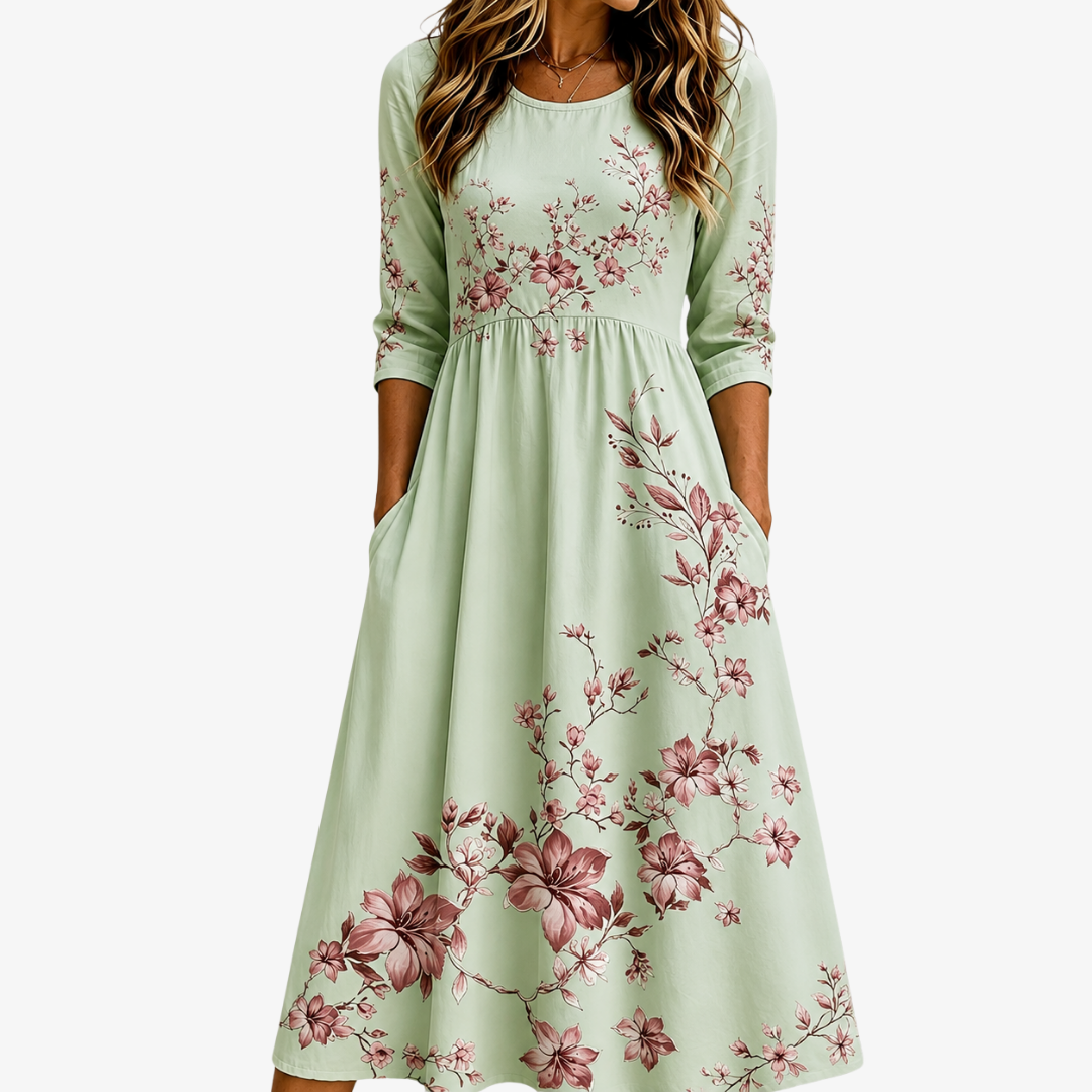 Women's sage blossom floral print midi dress with pockets, elegant and comfortable for summer casual wear.