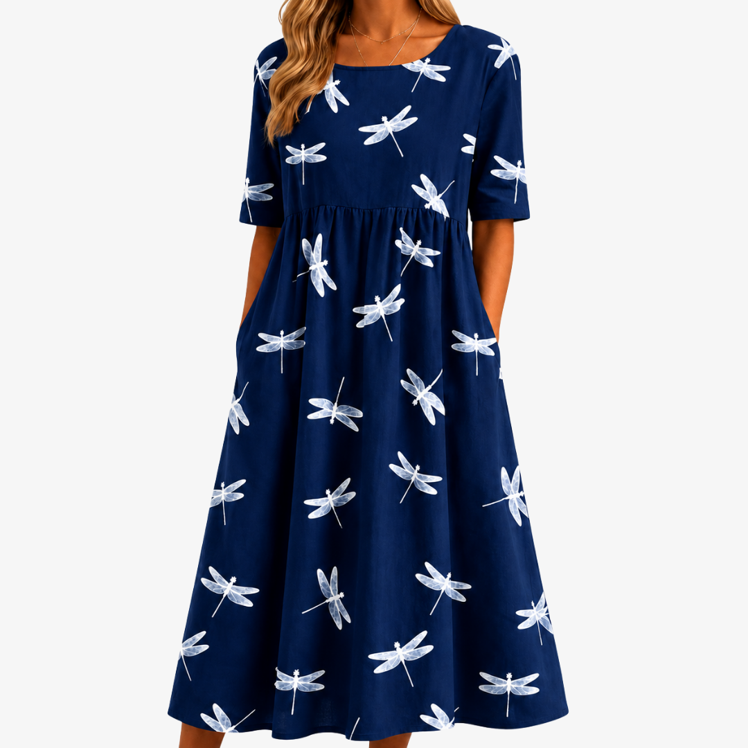 Women's sage botanical dragonfly print midi dress with pockets, ideal for casual spring & summer comfort.