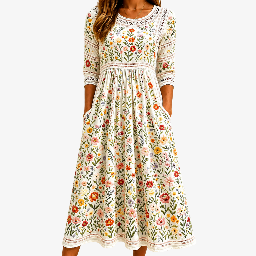 Women's sage floral midi dress with wildflower print, perfect for spring/summer. Elegant, flowy, and comfortable casual wear.
