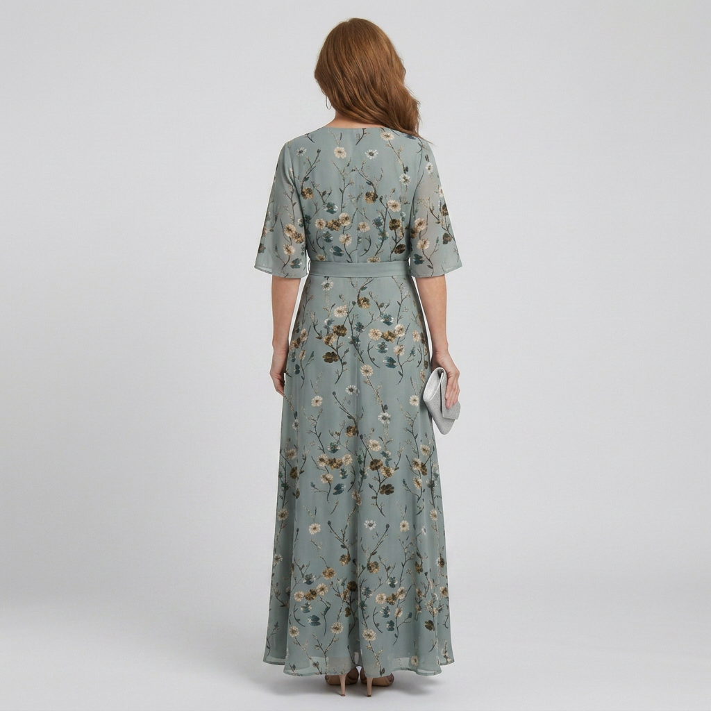 View of a women's flowy sage green floral halter maxi dress, a comfortable and chic sleeveless summer vacation dress.