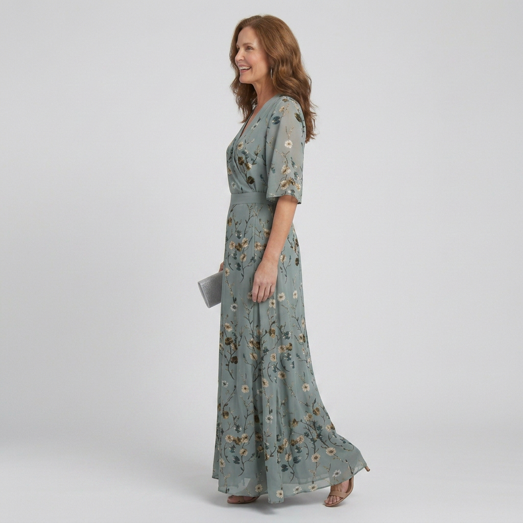 Sage green floral print women's halter maxi dress, a stylish & comfortable flowy dress for summer events.