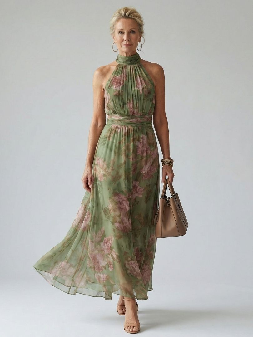 Women's sage green floral halter neck midi dress, perfect for summer garden parties & elegant occasions.