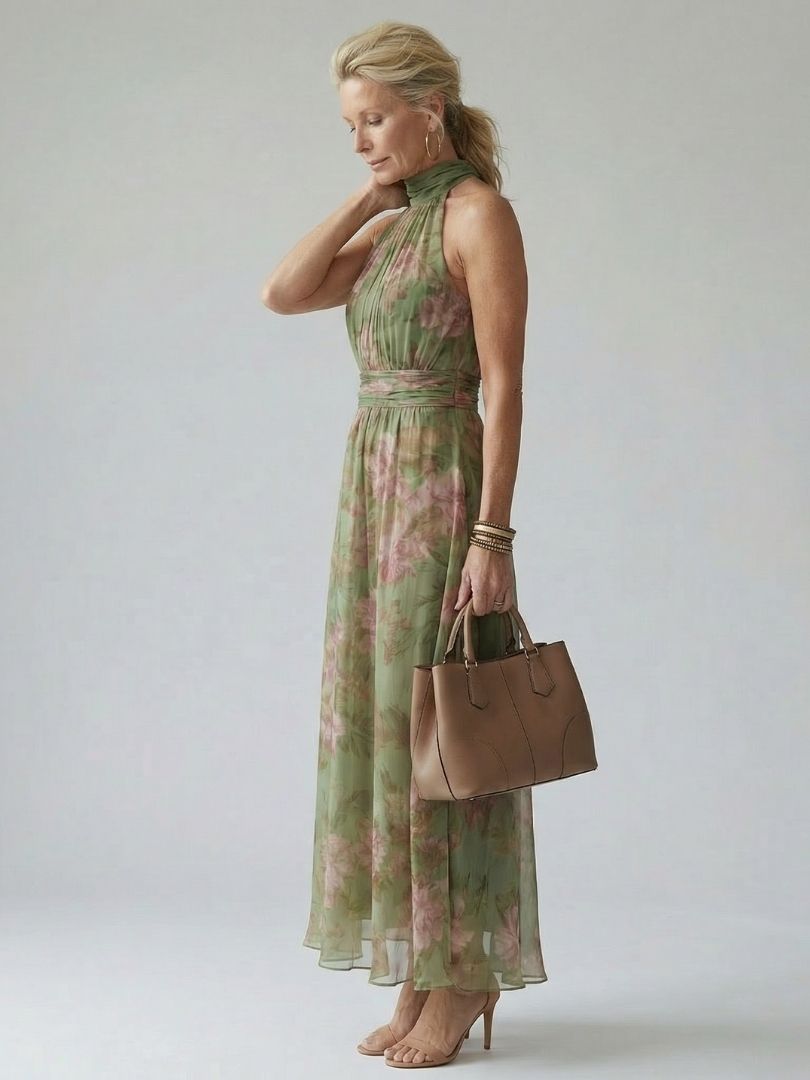 Elegant sage green floral midi dress, ideal occasion wear for summer parties and events.