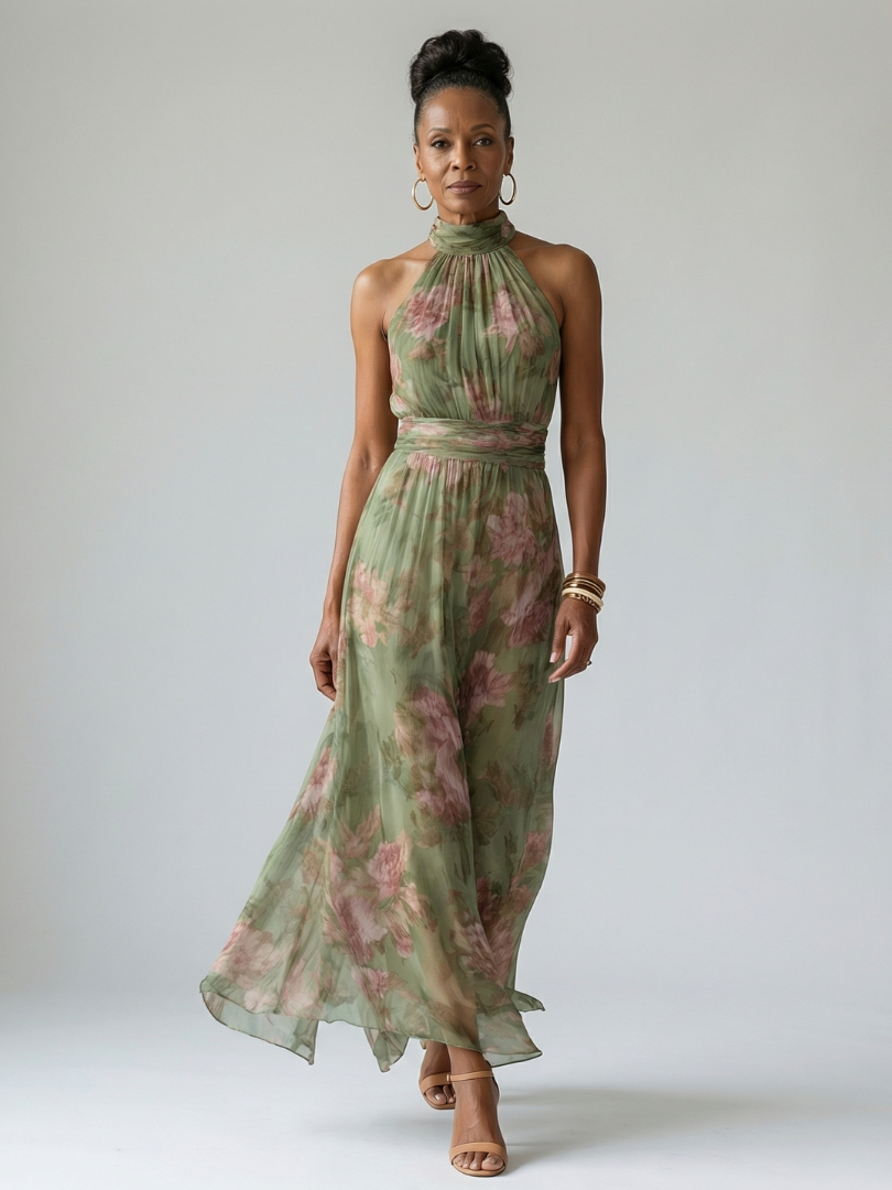 Summer party floral midi dress for women, with a chic halter neck and elegant flowing design.