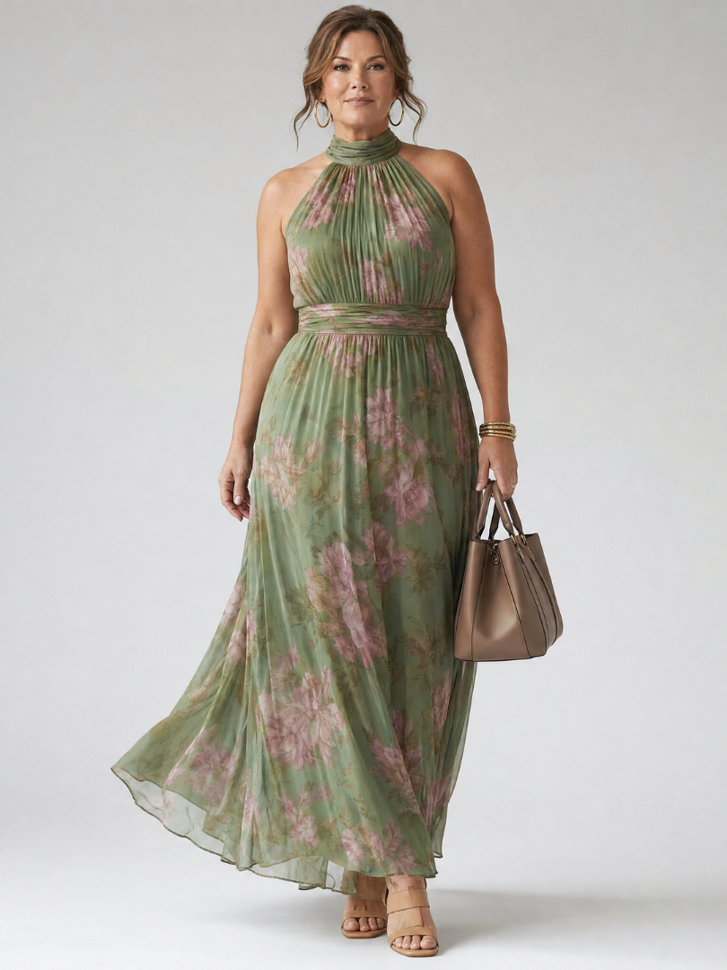 Stylish women's floral midi dress with a flattering halter neck and a vibrant summer pattern.