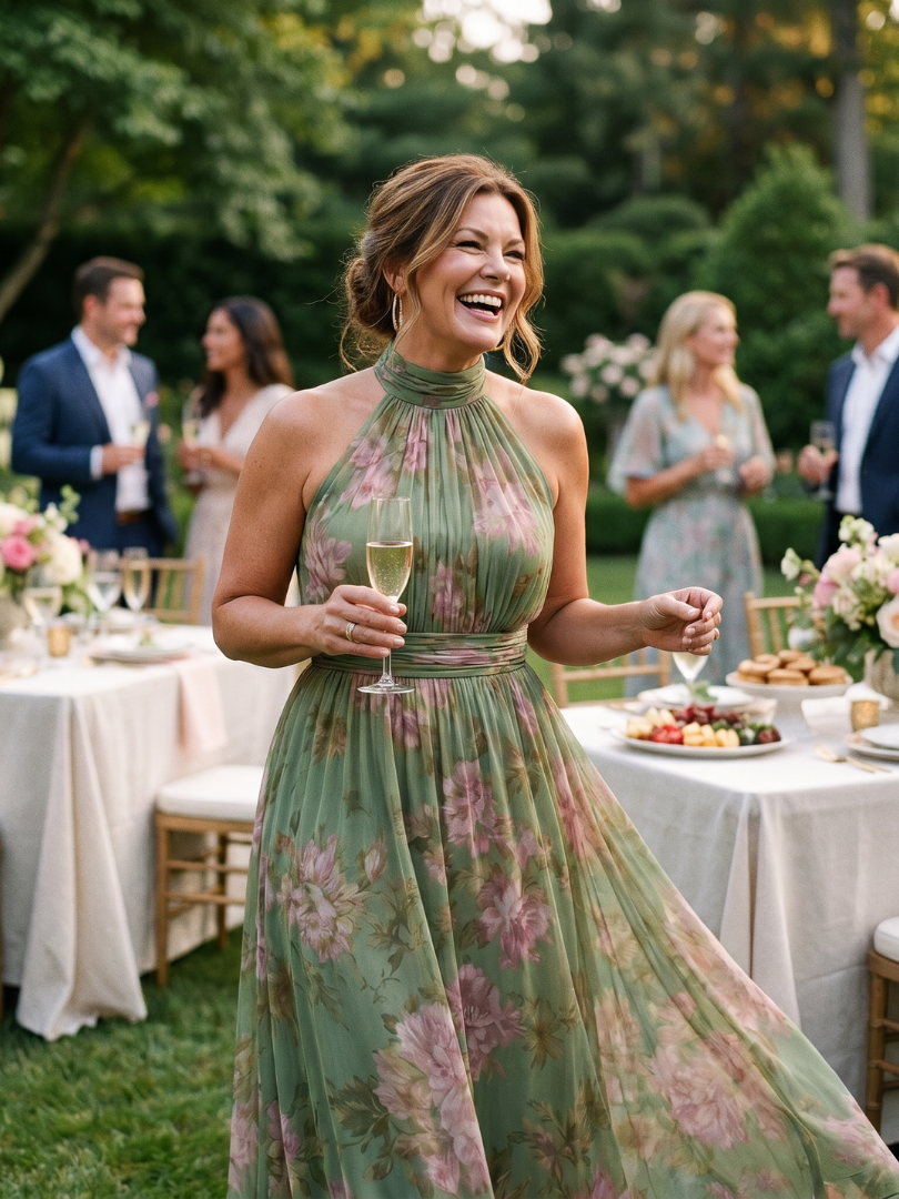 Sage green floral midi dress featuring a sophisticated halter neck, elegant for women's summer events.