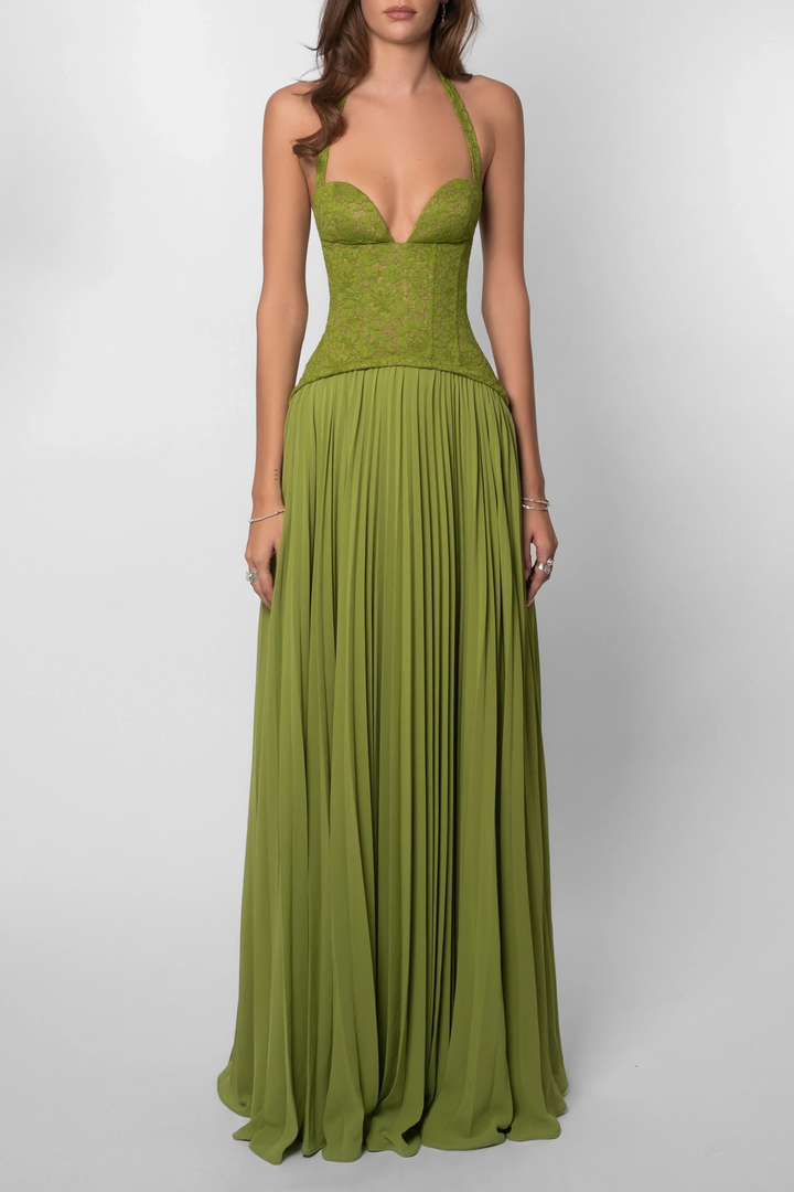 Women's elegant sage green pleated maxi evening gown, featuring a sophisticated corset design and flow.