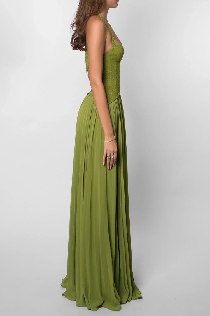 Flowing sage green pleated maxi dress with a structured corset, perfect for gala events and formal parties.