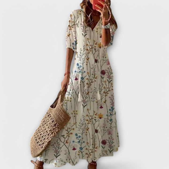 Savannah boho chic maxi dress for women, offering a comfortable, flowy silhouette ideal for summer fashion.