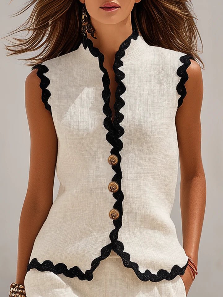 Casual women's scalloped linen blend button-front set, lightweight top & shorts for summer fashion.