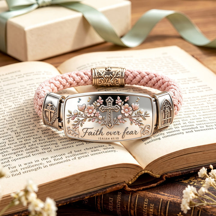Women's Scripture Cross Bracelet with Isaiah 41:10 verse, elegant faith jewelry for Christian women.
