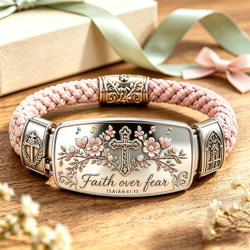 Adjustable women's cross bracelet, Isaiah 41:10 engraved with floral design, featuring a magnetic clasp.