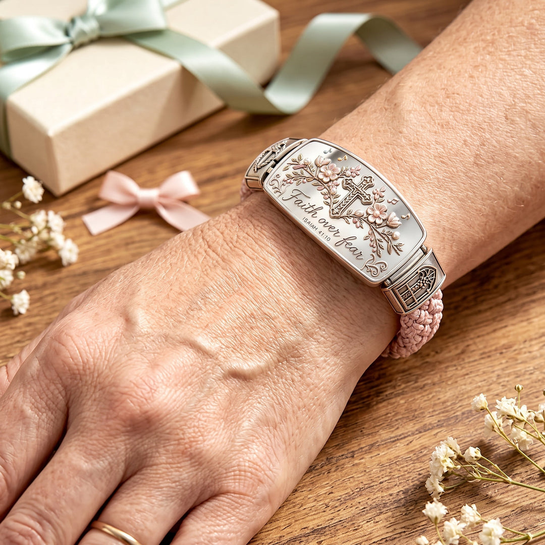 Inspirational women's faith bracelet, a spiritual gift featuring the Isaiah 41:10 Bible verse.