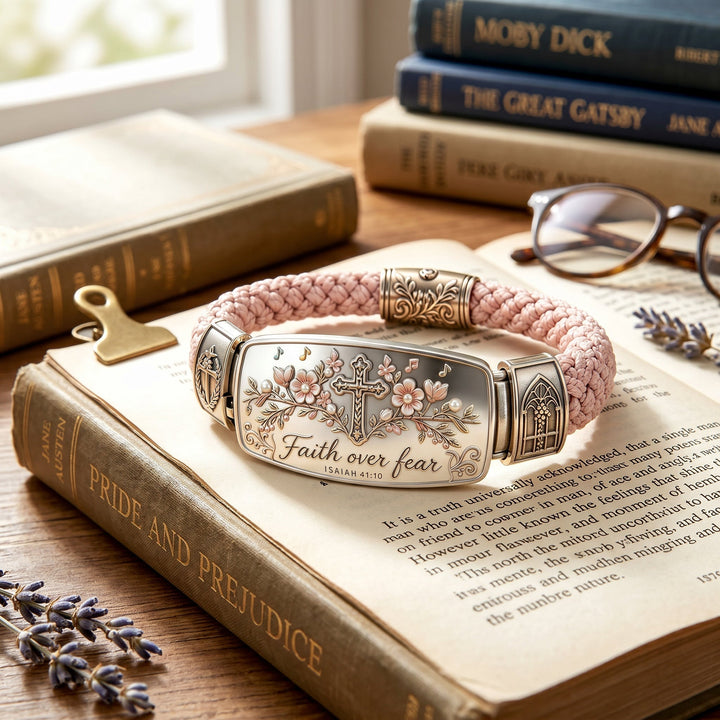 Women's Isaiah 41:10 Scripture Cross Bracelet worn on a wrist, showcasing its adjustable fit and style.