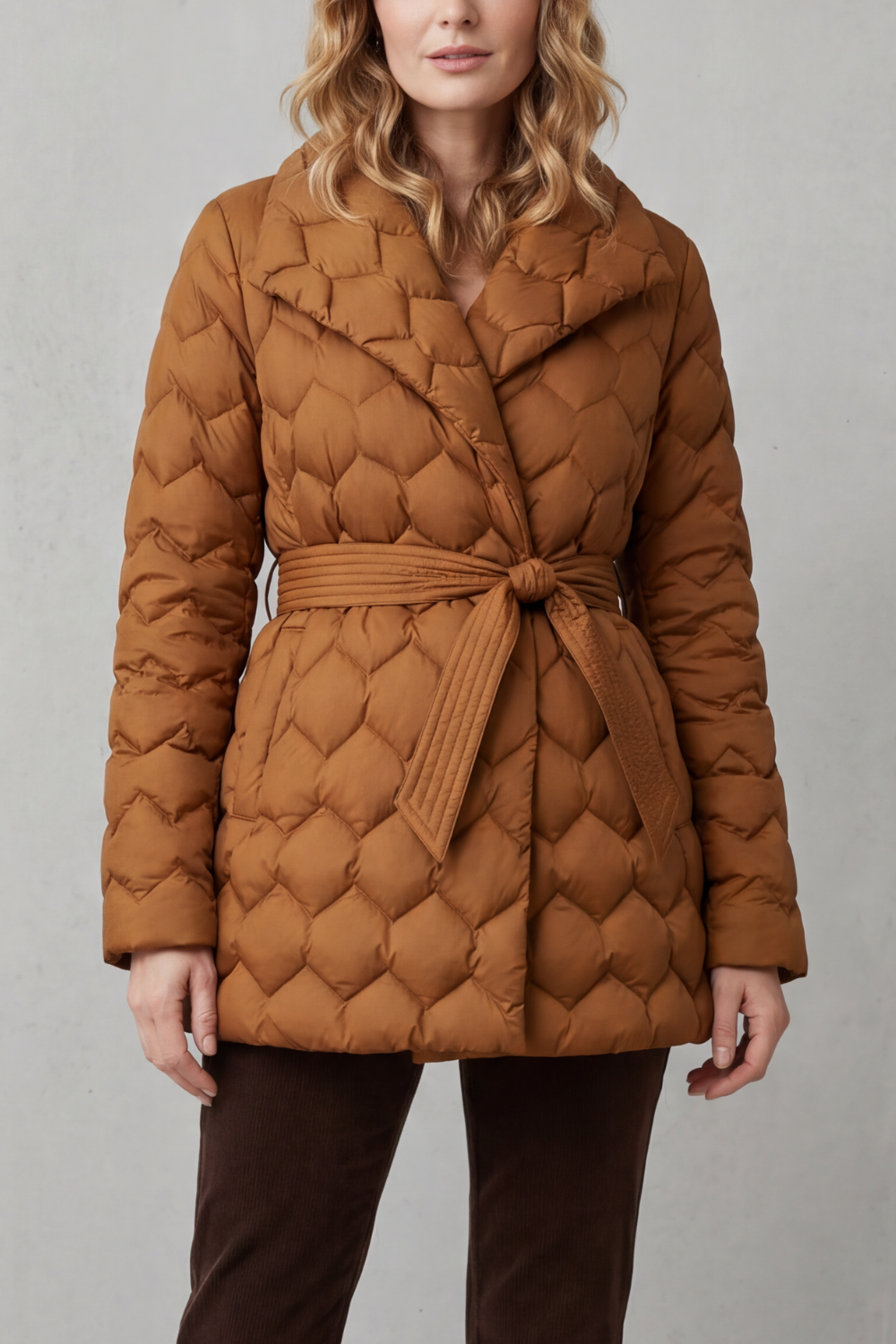 Women's sculpted quilted puffer jacket with belt. Perfect for warm winter outerwear & fall fashion.