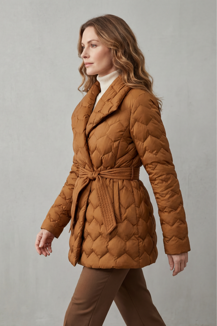 Black women's quilted puffer jacket, belted & sculpted for warmth. Essential winter outerwear style.