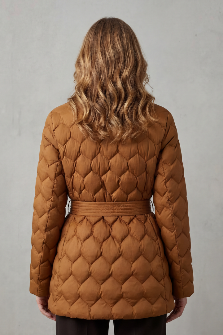 Women's warm quilted puffer jacket with a flattering sculpted fit & belt. Ideal for fall & winter.