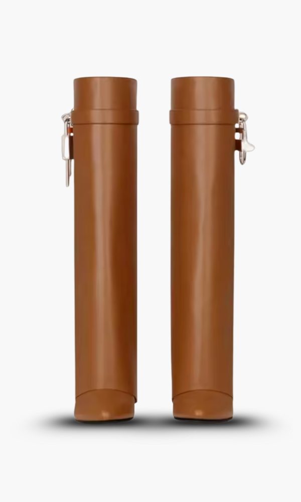 Fashion statement women's glossy wedge knee-high boots, with a sculptural design.