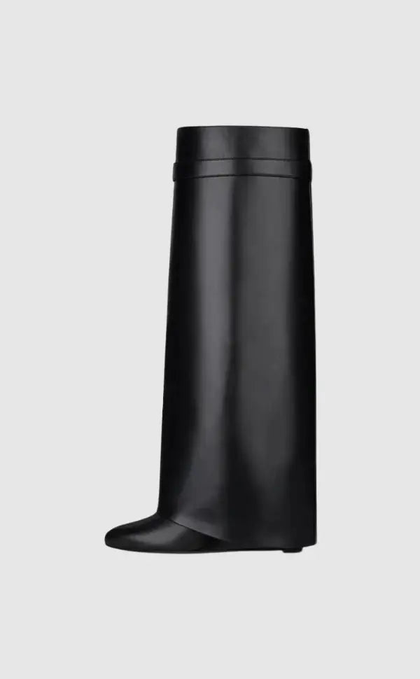 Modern women's sculptural knee-high boots, featuring a high-shine glossy finish.