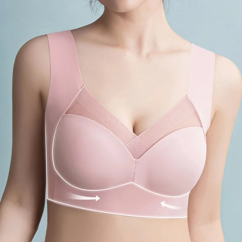 Detail shot of the wide straps on a women's seamless support bra for comfort.