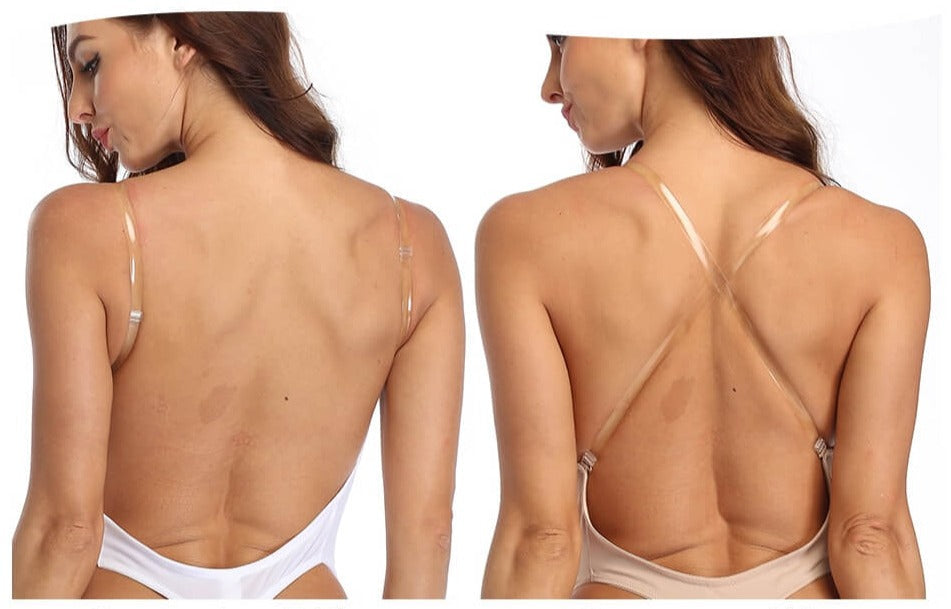 Deep V plunge backless bodysuit shapewear with adjustable straps.