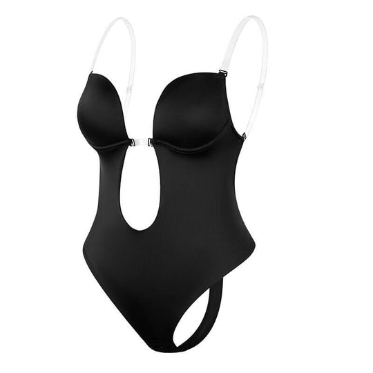 Elegant backless shapewear with deep V neckline and tummy control features.