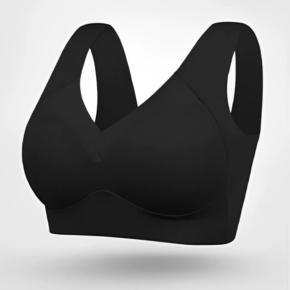 Women's seamless V-neck comfort bra with wide straps for everyday wear.