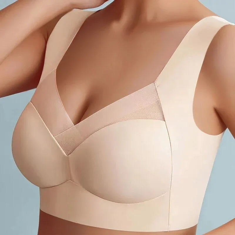Versatile seamless V-neck bra with wide straps, ideal for everyday comfort & support.