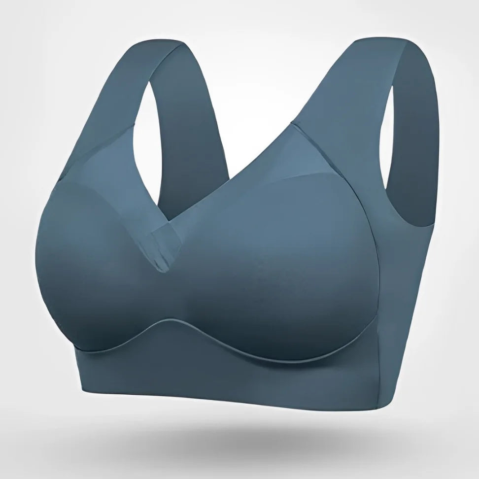 Pullover style women's seamless V-neck bra with wide support straps, ultra-comfortable.
