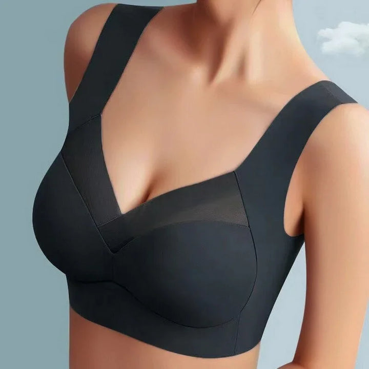 Supportive seamless V-neck comfort bra for women, features wide non-slip straps.