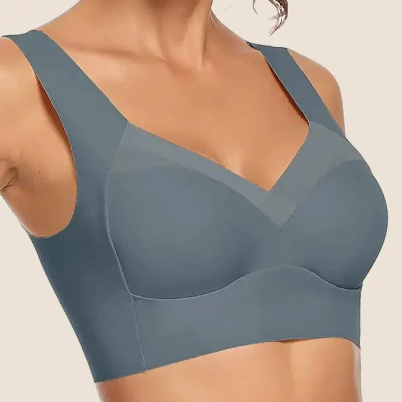 Smooth seamless V-neck comfort bra, wide straps provide gentle, wire-free support.