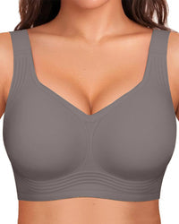 Side view of a women's lounge bra, seamless, wireless, and full coverage for ultimate relaxation.