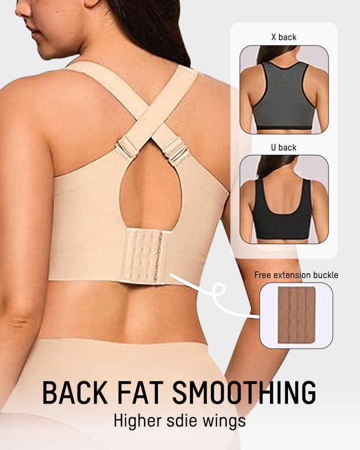 Front view of a black seamless wireless support bra with full coverage and adjustable straps.