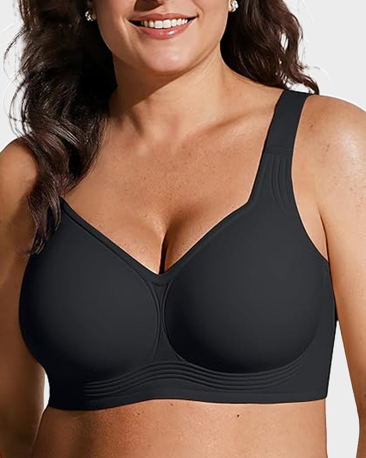 Close-up of the seamless cup detail on a women's comfort wireless support bra, smooth finish.