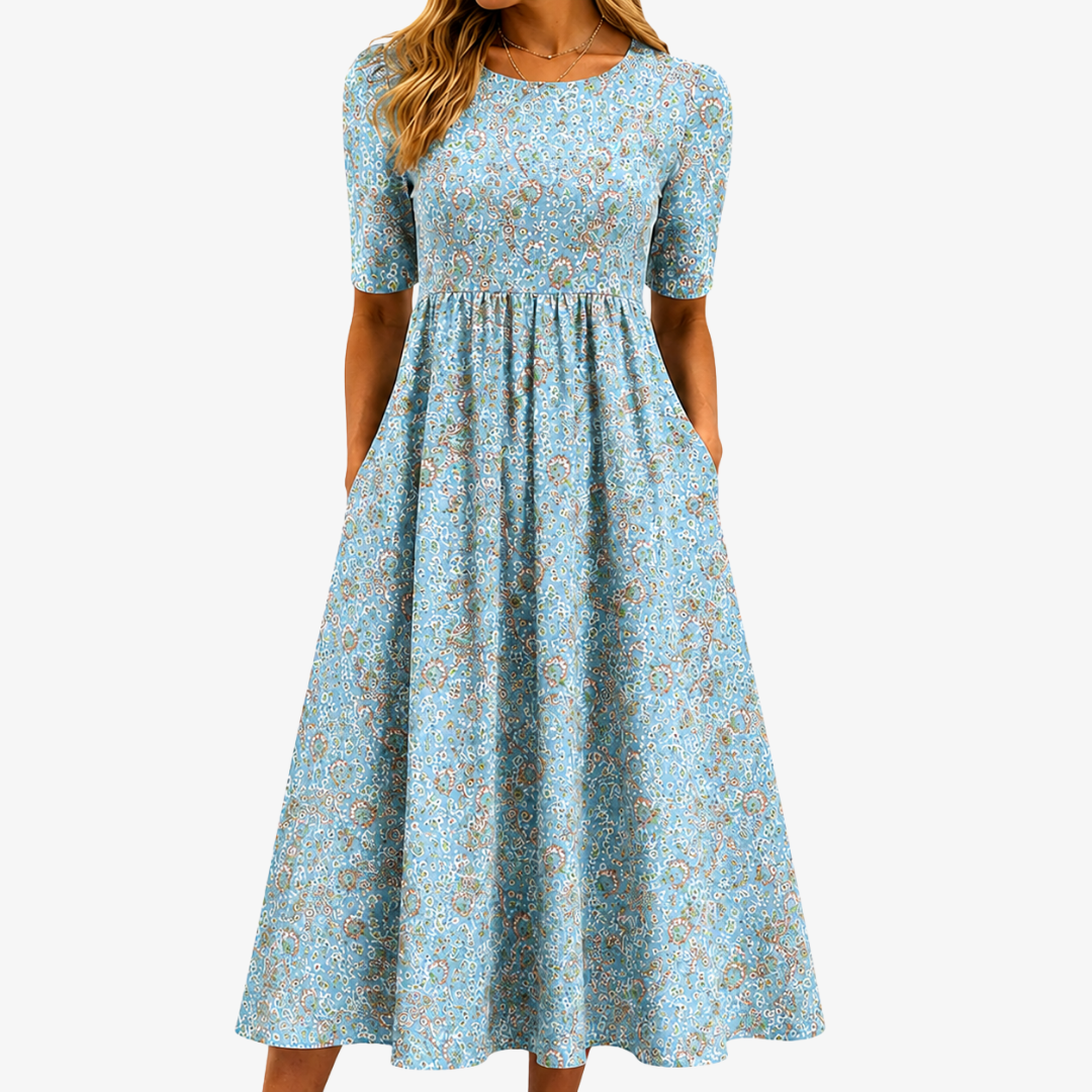 Women's Seaside Mosaic Print Maxi Dress with Pockets. Elegant & comfortable for summer casual wear.