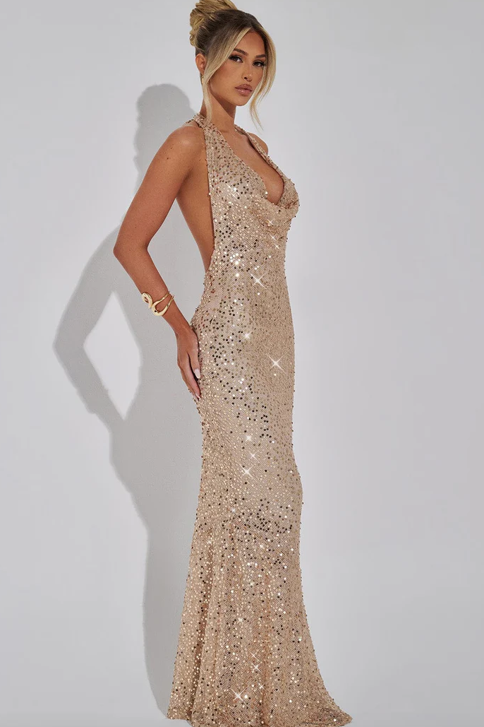 Shimmering sequin party dress for women, a long halter gown with an alluring open back for evenings.