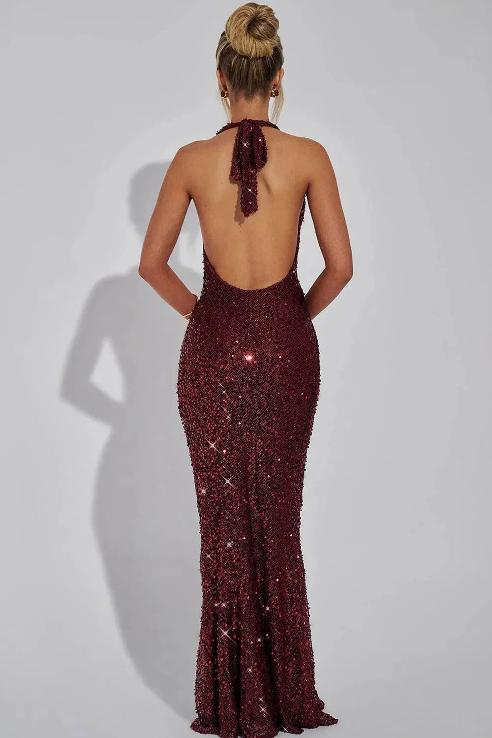 Elegant sequin halter open back maxi dress, a beautiful choice for wedding guests or formal parties.