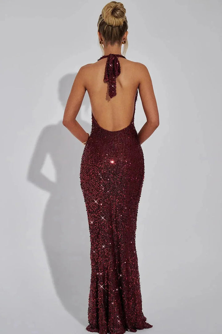 Elegant sequin halter open back maxi dress, a beautiful choice for wedding guests or formal parties.