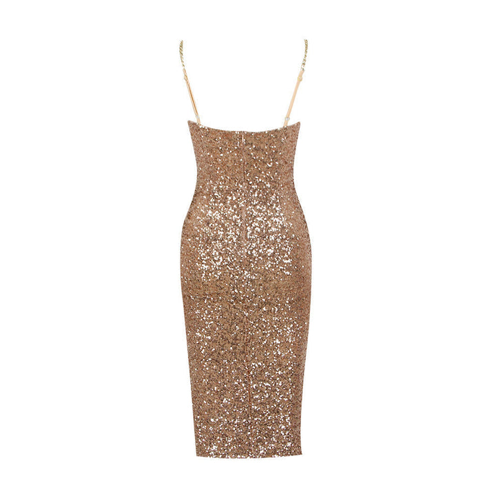 Sparkling sequin women's strapless midi dress. Form-fitting bodycon design for a stunning party look.