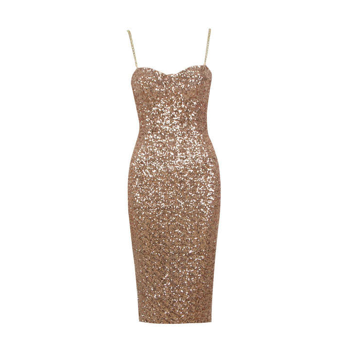 Elegant women's sequin strapless bodycon midi dress. A dazzling formal or special occasion outfit.