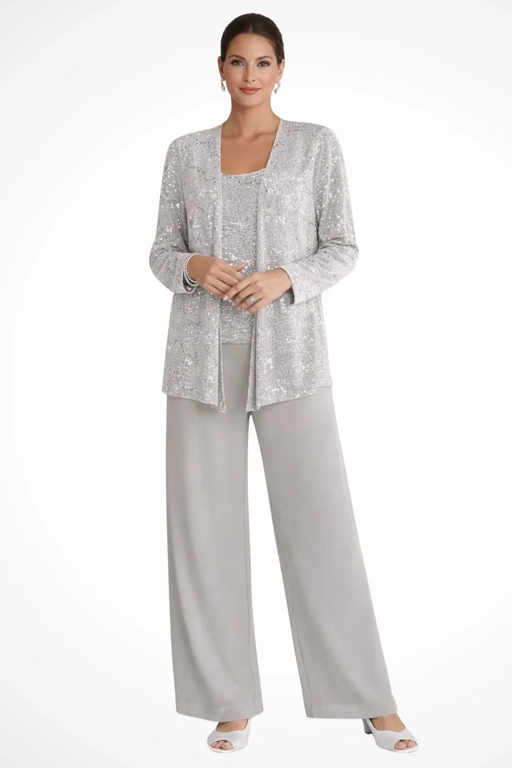 Women's sequin three-piece set: glamorous jacket, top & wide leg pants. Perfect for evening or special occasions.
