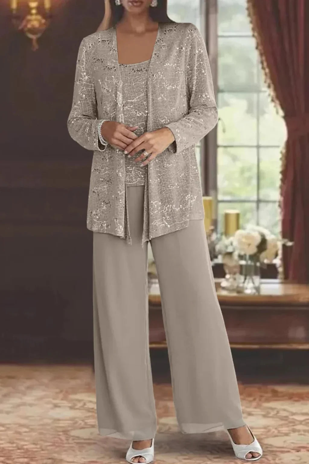 Glamorous women's sequin three-piece party outfit: dazzling jacket, top & wide leg pants for memorable nights.