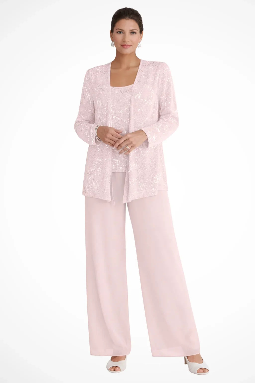 Chic women's sequin three-piece set for special occasions. Elegant jacket, top & wide leg pants. Formal wear.
