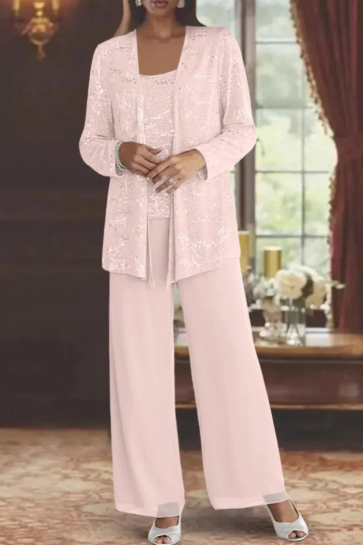 Sparkling women's sequin three-piece set. Dazzling jacket, top & wide leg pants. Perfect for evening fashion.