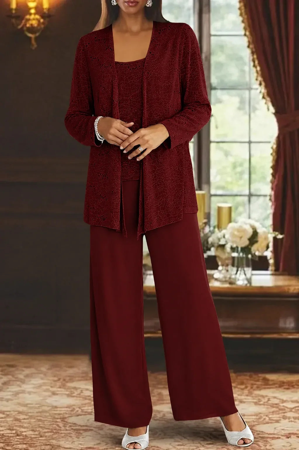 Versatile women's sequin three-piece set: elegant jacket, top & wide leg pants suitable for various events.