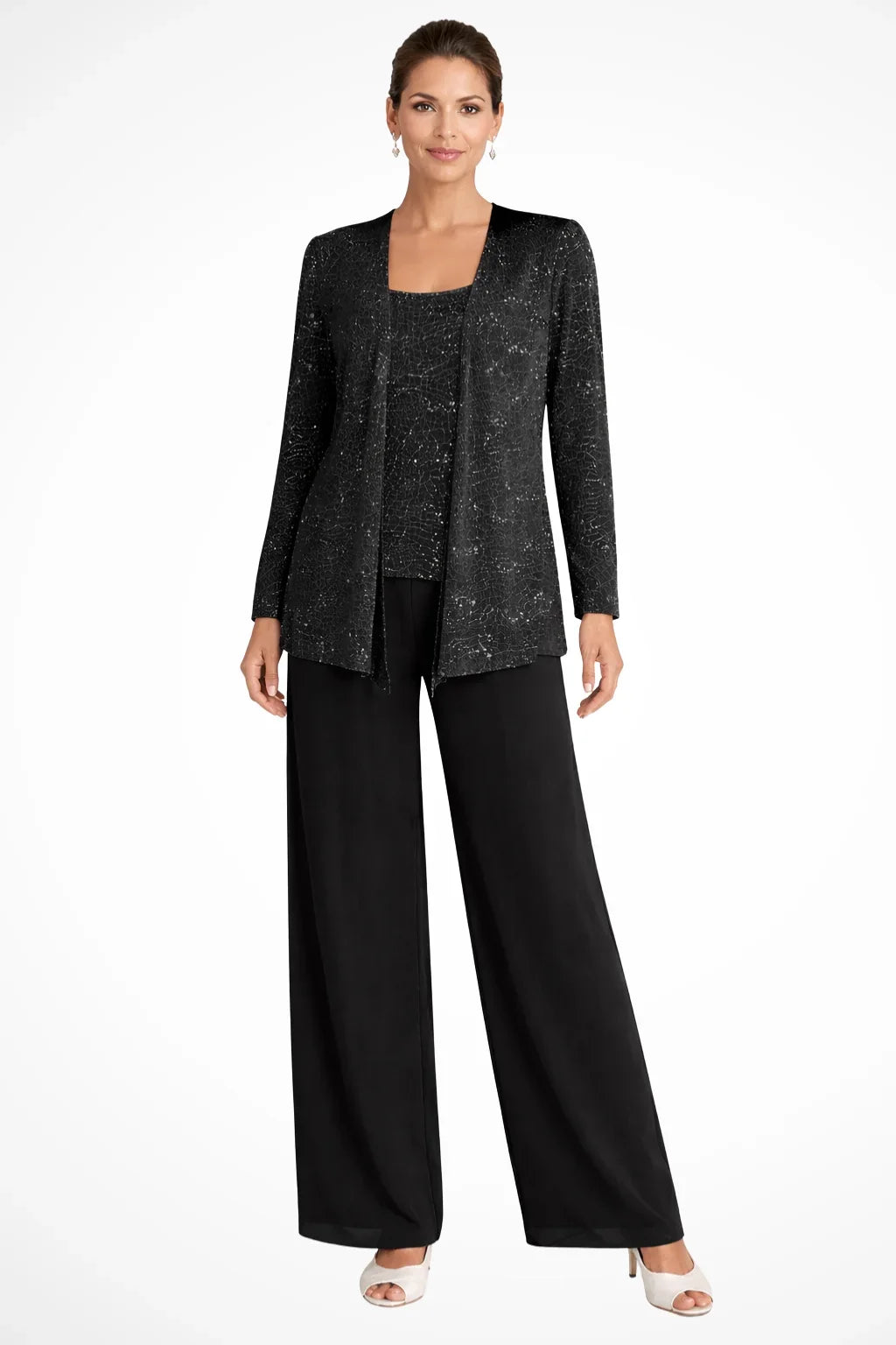Formal women's sequin three-piece pantsuit. Includes shimmering jacket, top & wide leg pants for special occasions.