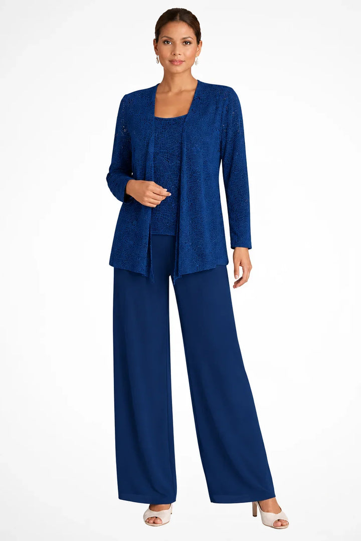 Stunning women's sequin three-piece evening wear set. Glamorous jacket, top & wide leg pants for special events.