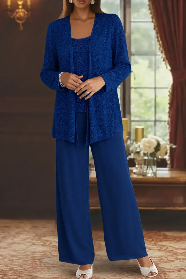 Coordinated women's sequin three-piece set: stylish jacket, top & wide leg pants. Ideal for elegant party outfits.