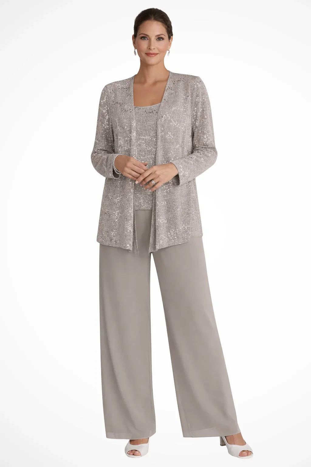 Shimmering women's sequin three-piece set featuring a tailored jacket, sleek top & fashionable wide leg pants.